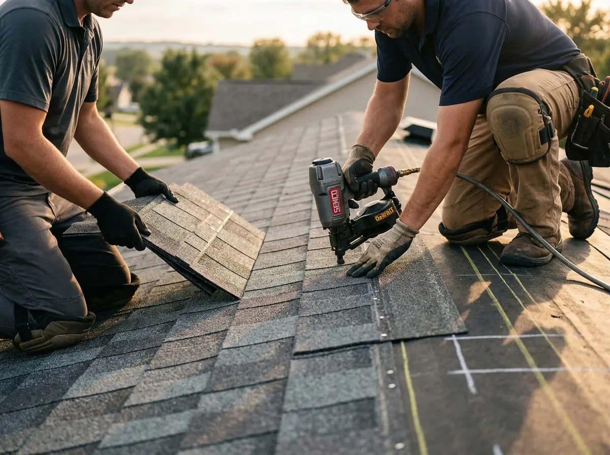 Professional roofer working on a residential roof in Scenic Oaks